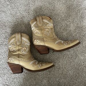 Embroidered Gold Ankle Boots
